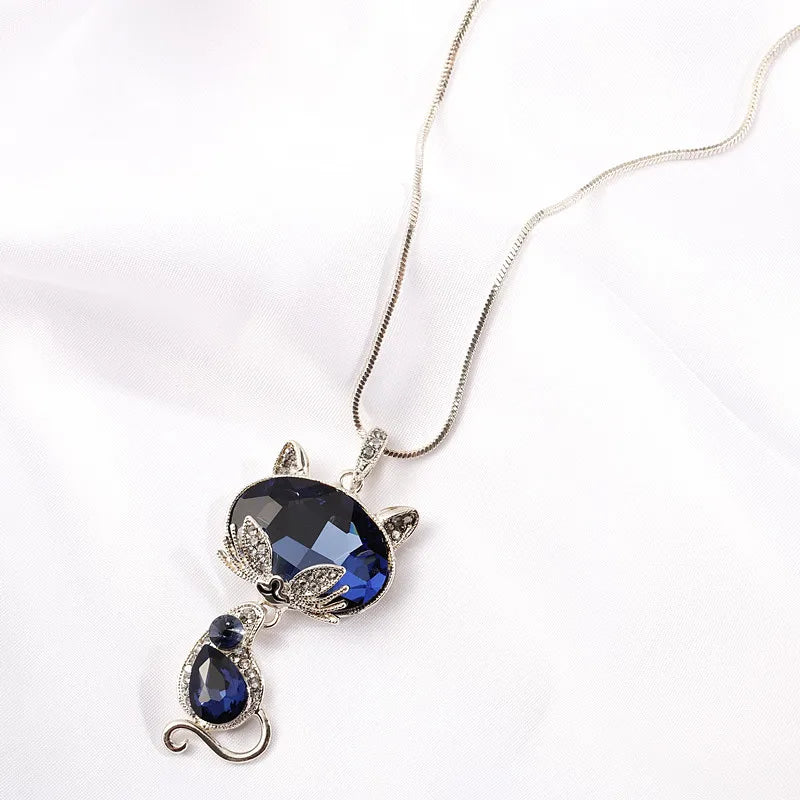 Blue Crystal Fox Cat Long Pendant Necklace