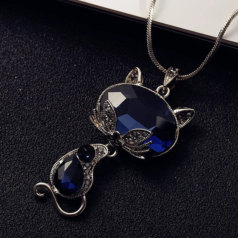 Blue Crystal Fox Cat Long Pendant Necklace