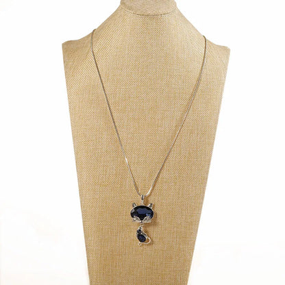 Blue Crystal Fox Cat Long Pendant Necklace