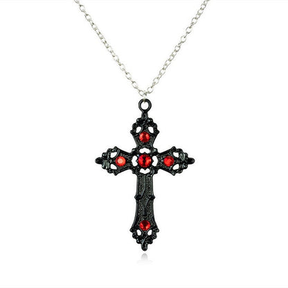 Red Rhinestone Ornate Cross Necklace