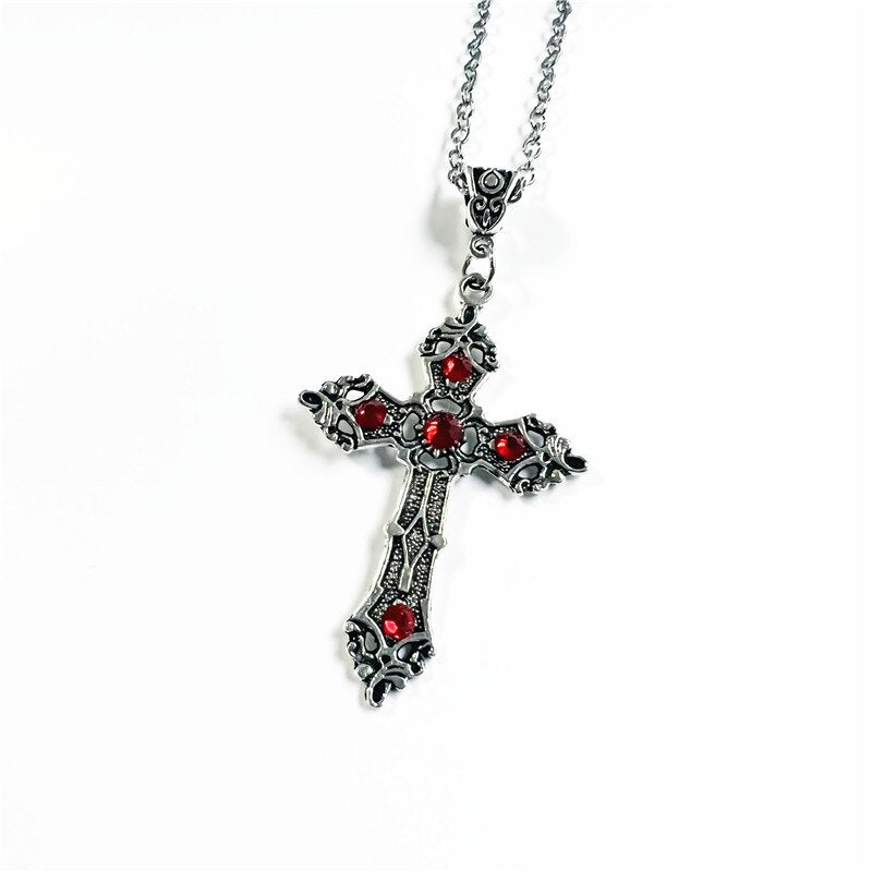 Red Rhinestone Ornate Cross Necklace