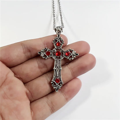 Red Rhinestone Ornate Cross Necklace