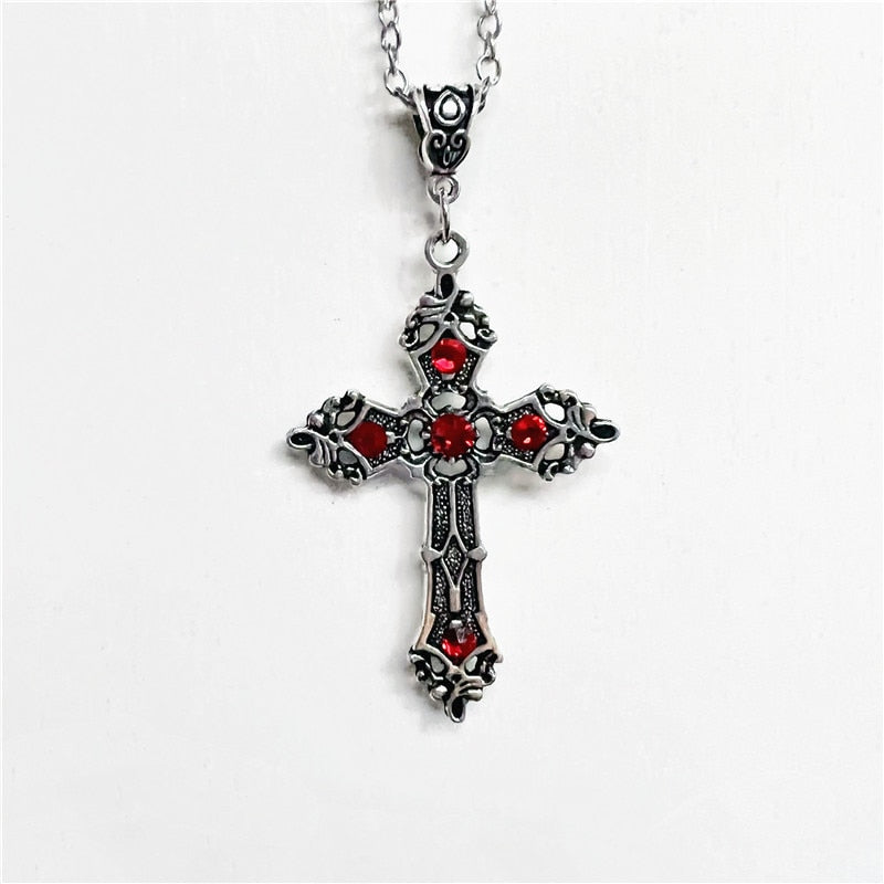 Red Rhinestone Ornate Cross Necklace